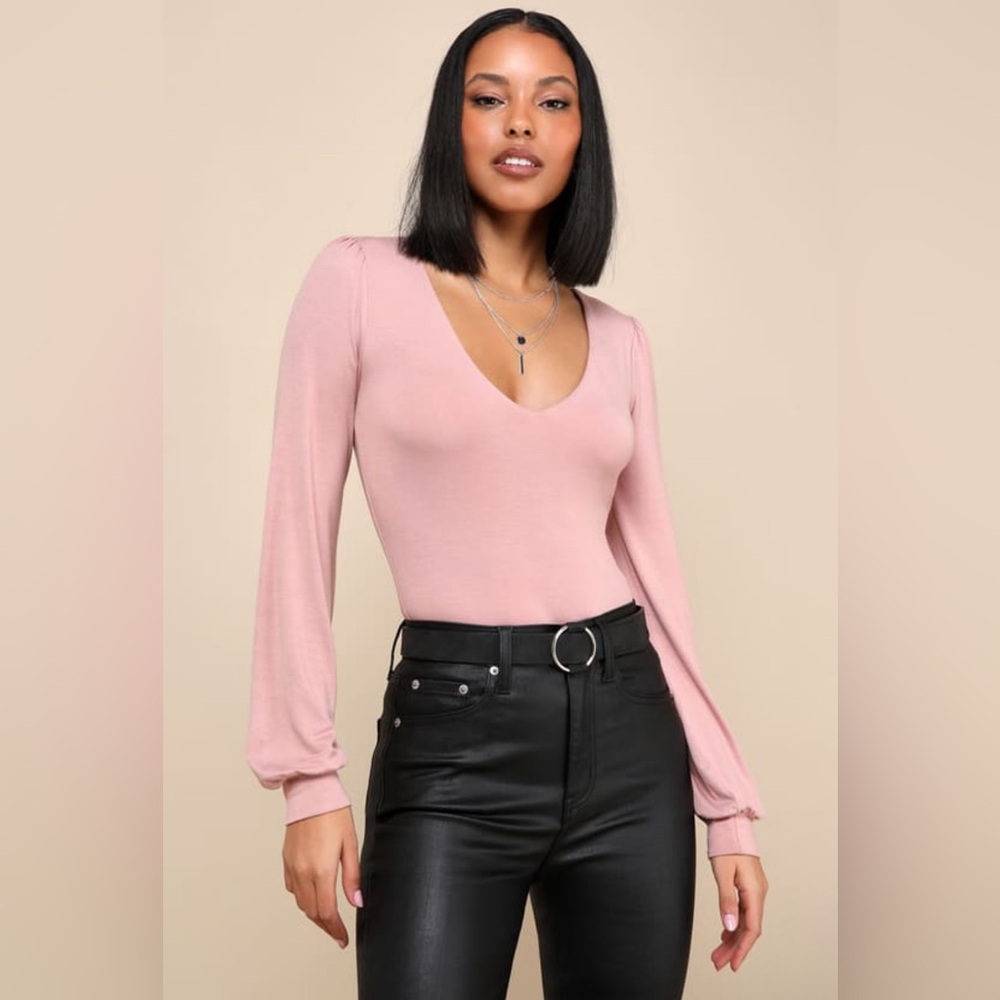 Lulus Kaylene Blush V-Neck Balloon Sleeve Bodysuit